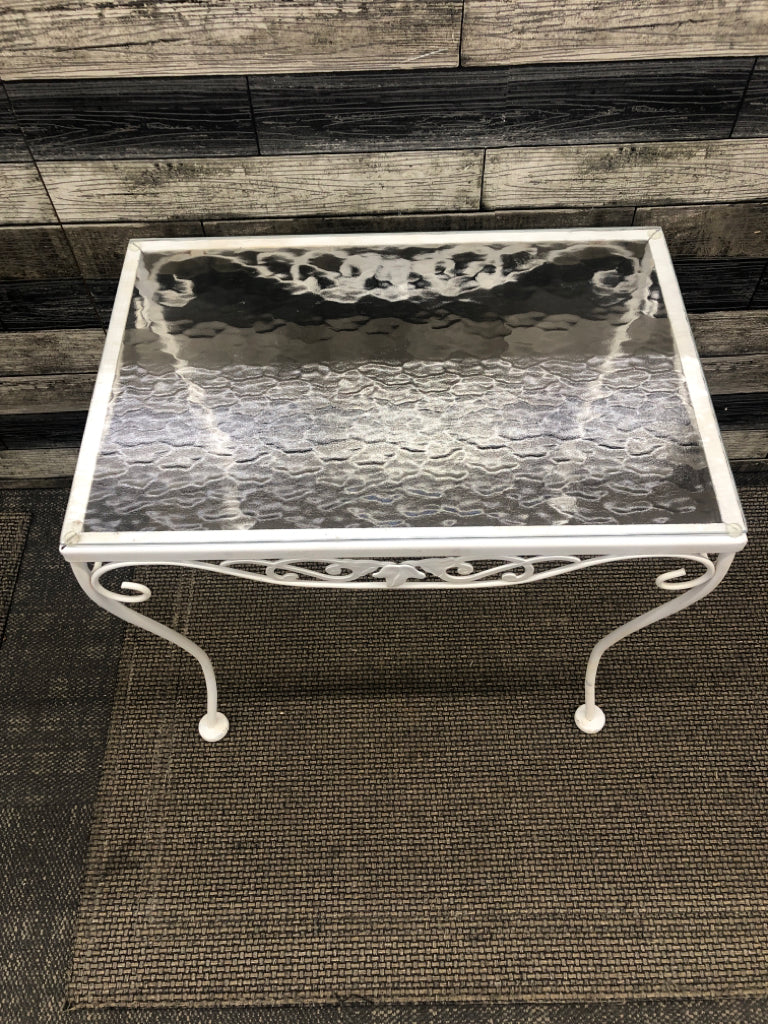GLASS TOP WHITE METAL BASE RECTANGLE OUTDOOR TABLE.