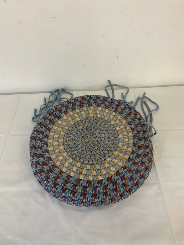 4 ROUND BLUE WOVEN CUSHIONS.