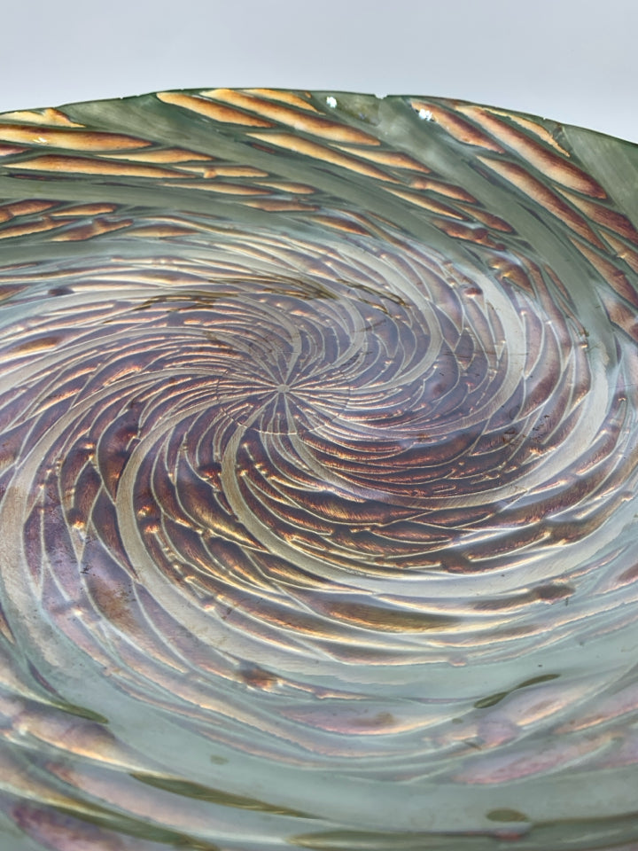 GREEN/BROWN SWIRL GLASS CENTERPIECE BOWL.