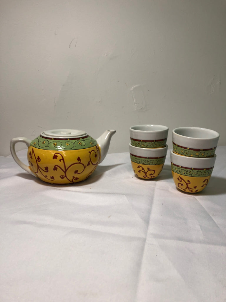 5PC YELLOW AND GREEN TEA SET- 4 CUPS, 1 TEAPOT.