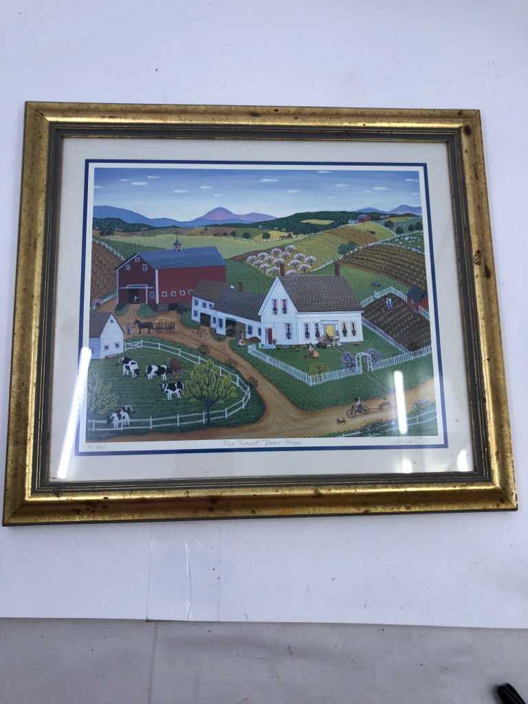 FARM PRINT IN GOLD FRAME WALL HANGING- SIGNED.