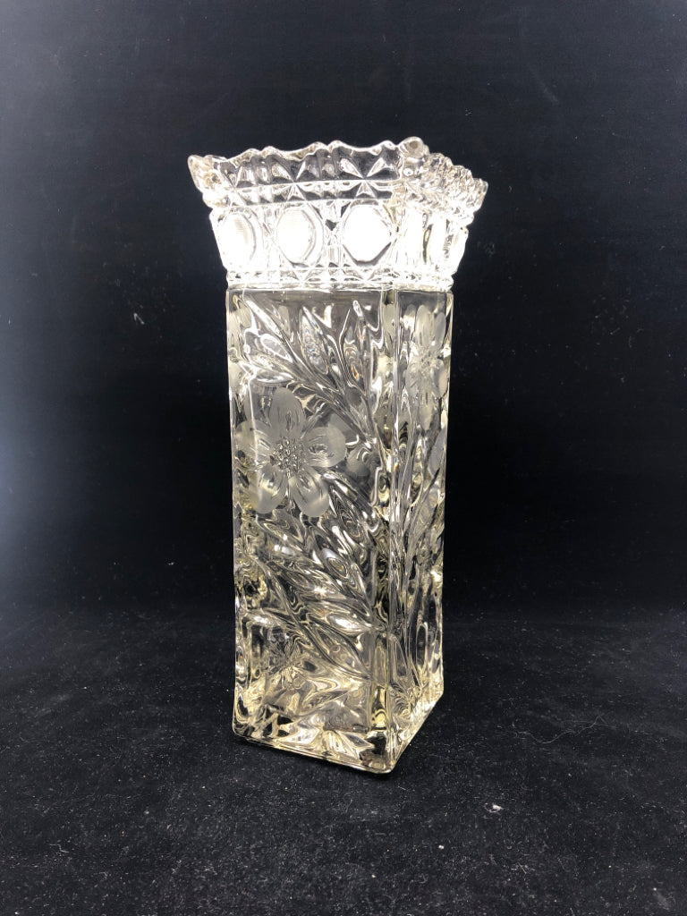 CUT GLASS HEAVY VASE EMBOSSED FLORAL FLARED TOP.