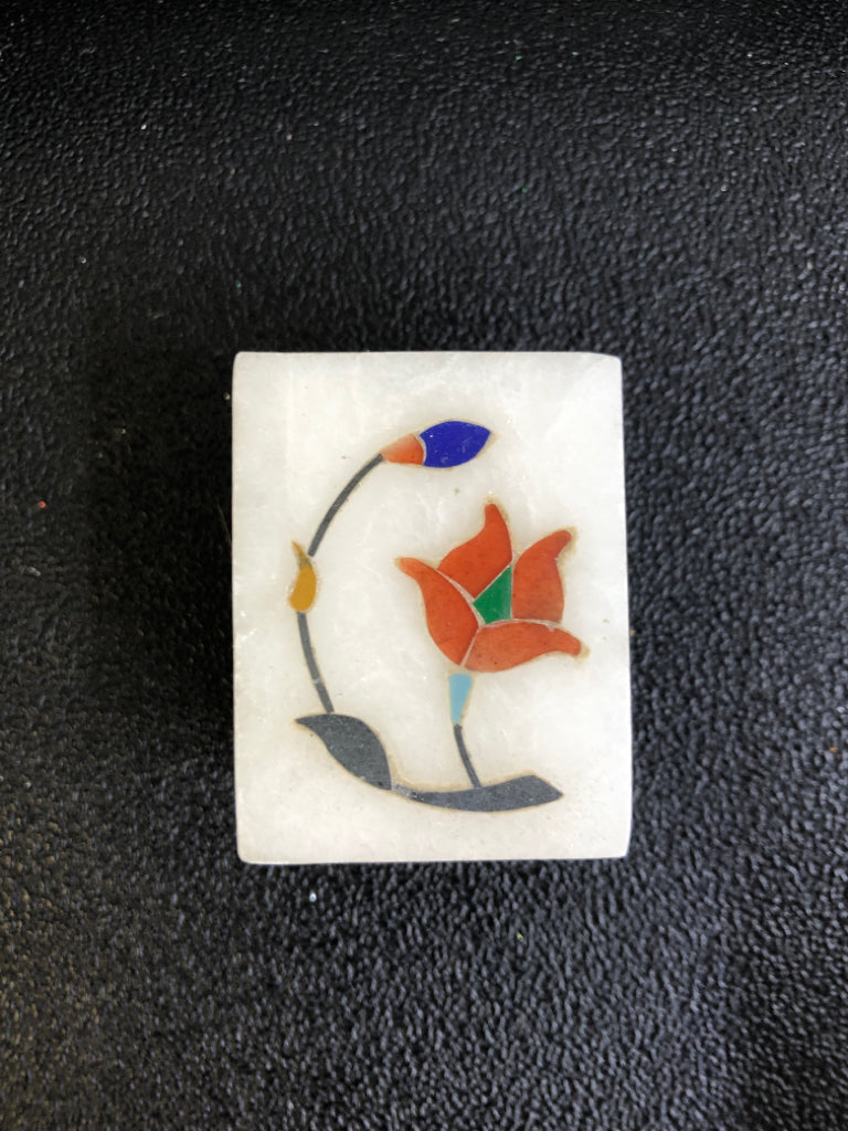 MINI WHITE STONE TRINKET BOX ORANGE FLOWER.