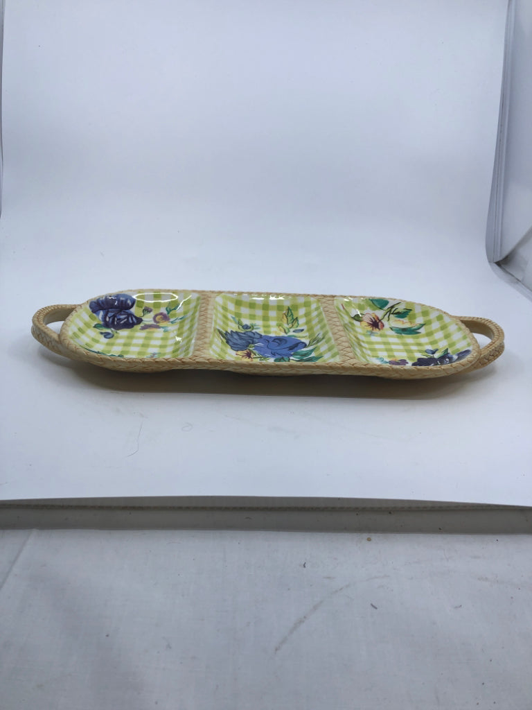 LIME GREEN COTTAGE ROSE COLLECTION DIVIDED SERVER W HANDLES.