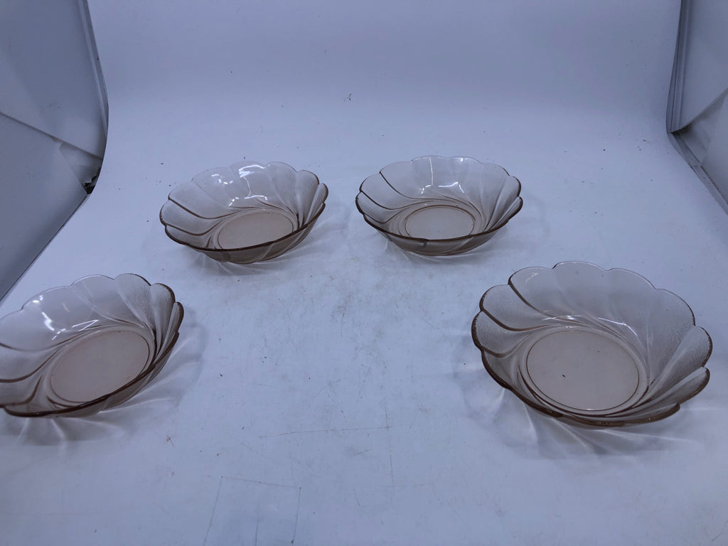 4 PALE PINK GLASS BOWLS SCALLOP EDGE.