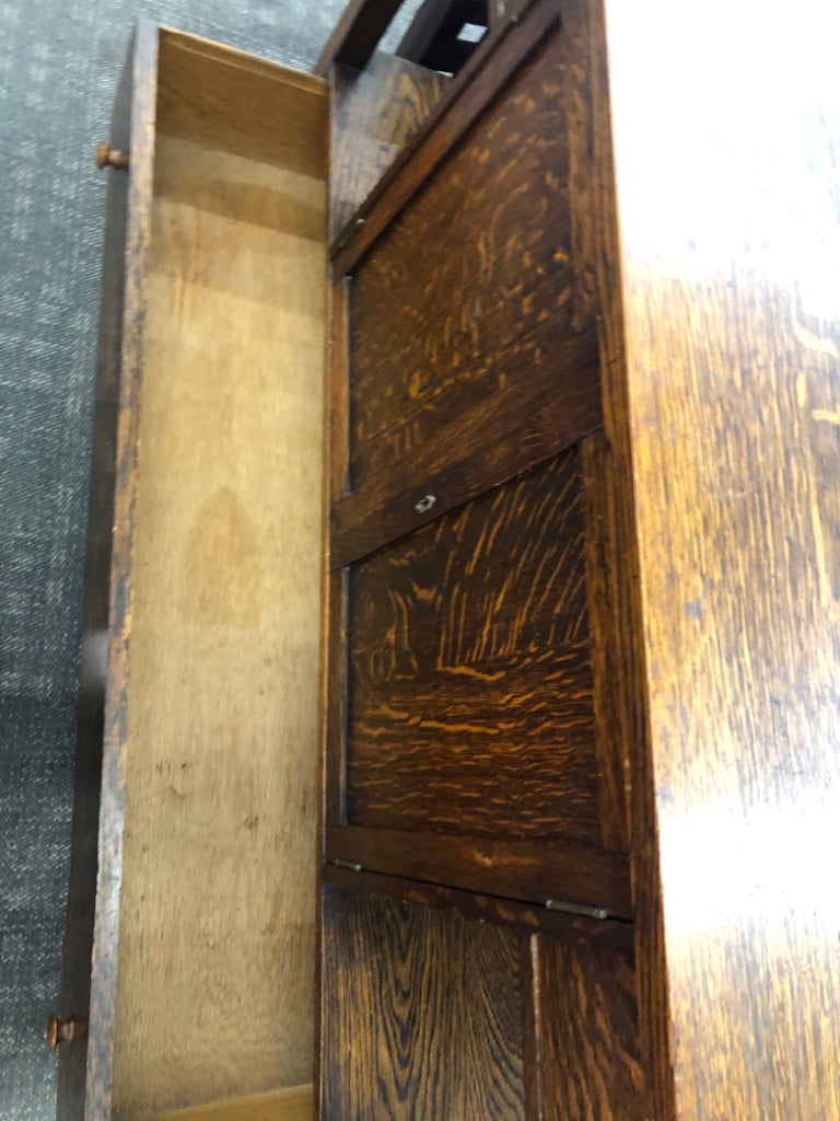 VTG LARGE BUFFET TABLE W 3 DRAWERS AND CABINET ON WHEELS.