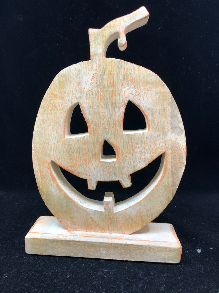 DISTRESSED WHITE/ORANGE WOOD PUMPKIN ON STAND.