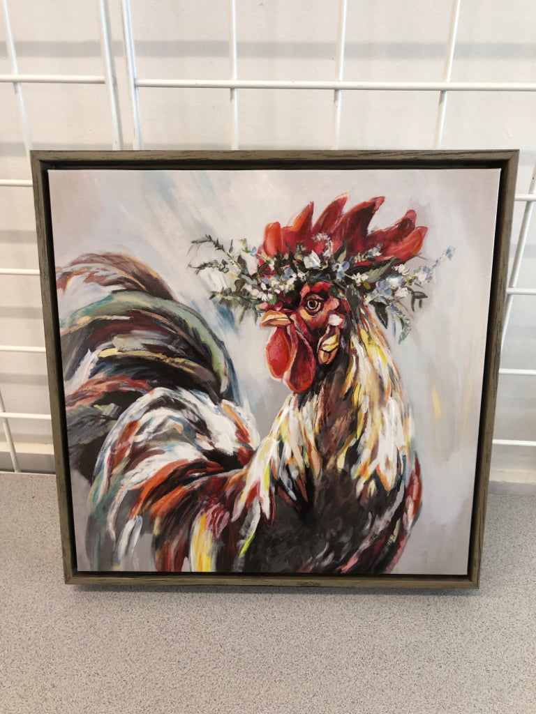 ROOSTER PAINTED CANVAS IN GREY WOOD FRAME.