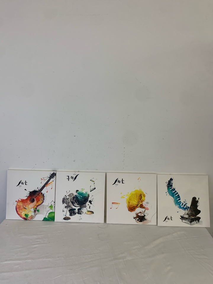 4 ASSORTED INSTRUMENTS WATER COLOR CANVASES.