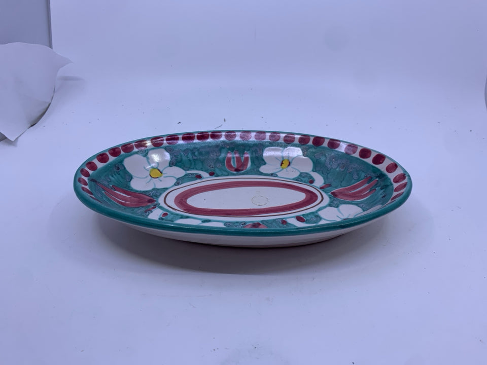 OVAL TEAL WITH WHITE FLORAL AND RED ACCENTS SERVER.