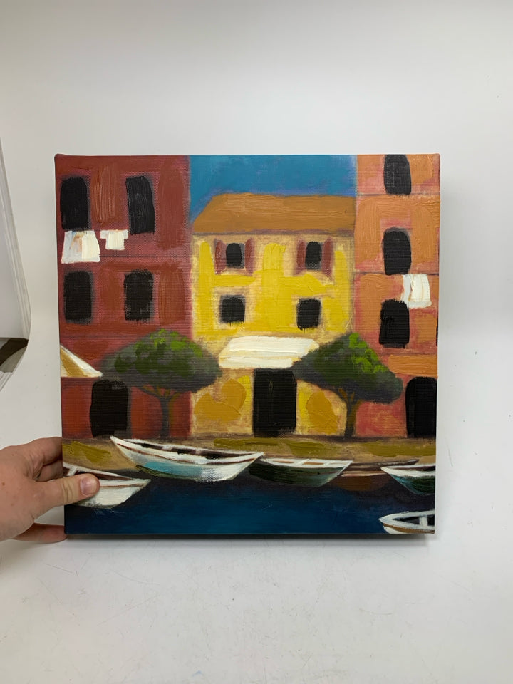 ABSTRACT BOATS ON A RIVER W/ BUILDING CANVAS.