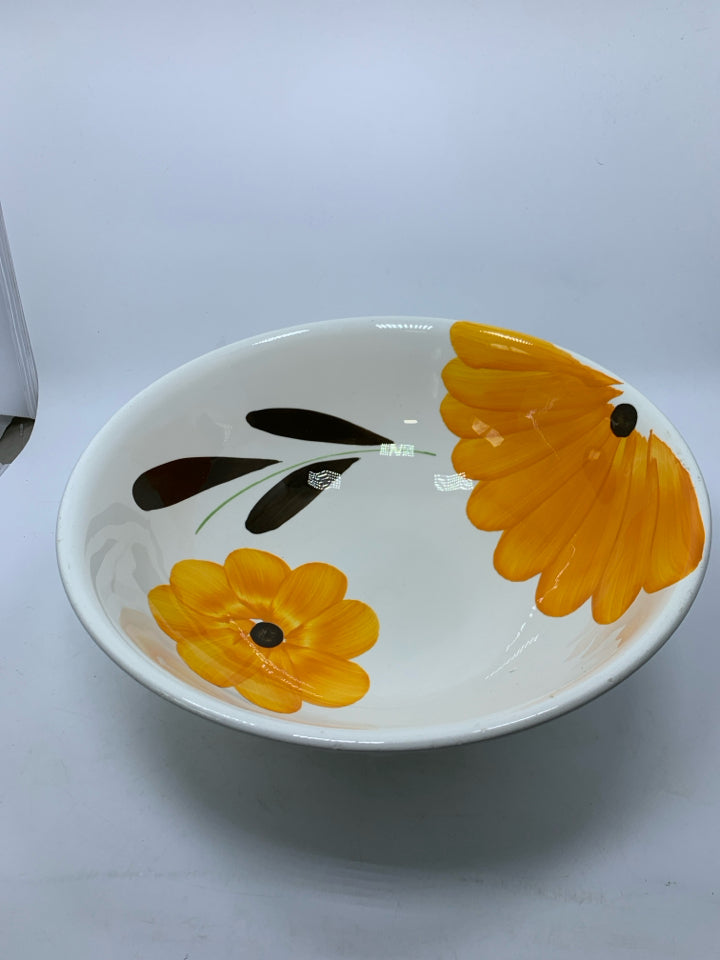 LARGE WHITE SERVING BOWL W/ YELLOW PAINTED FLOWERS MADE IN ITALY.