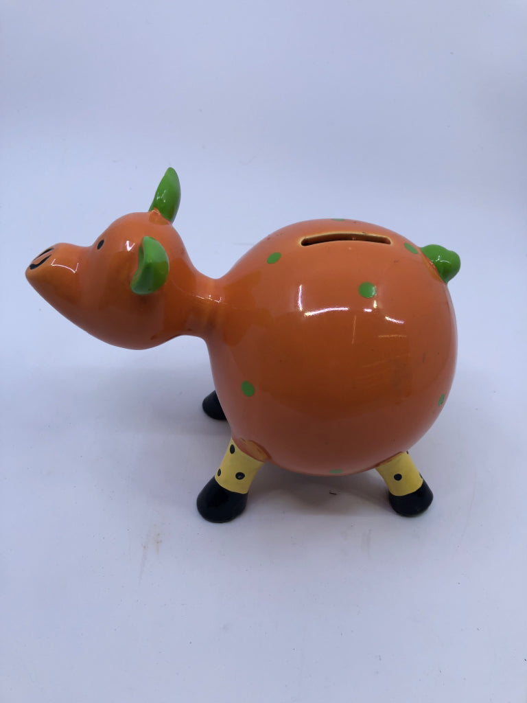ORANGE W GREEN POLKA DOT PIGGY BANK.