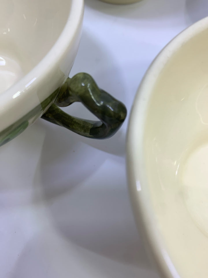 6PC VTG CREAM W/PINK FLOWER TEACUP W/GREEN HANDLE.