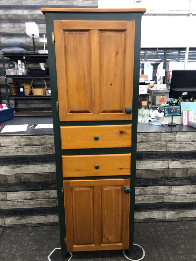 TALL WOOD PAINTED GREEN 2 CABINET W/ 2 DRAWER THIN CABINET.