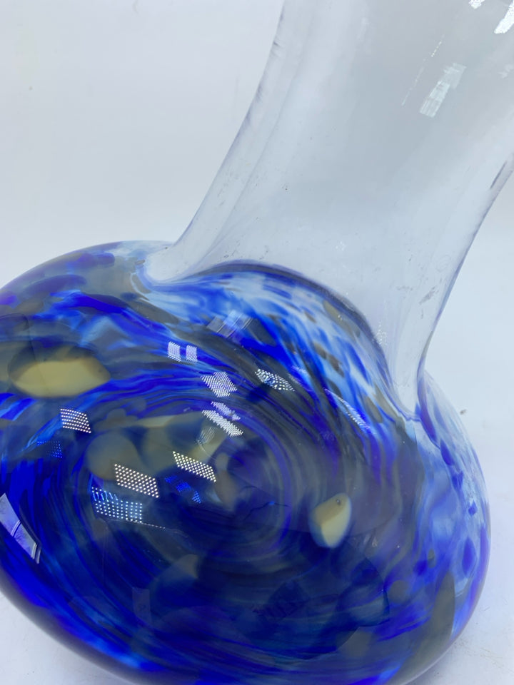 HAND BLOWN TIPSY DECANTER COBALT BLUE SPECKLES SIGNED BY ARTIST ANCHOR BEND.