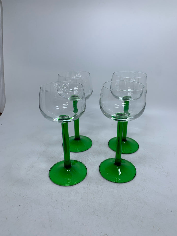 4 GREEN LONG STEM SMALL WINE GLASSES.