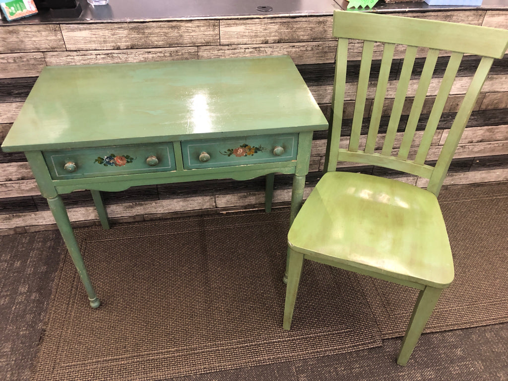 ANTIQUE GREEN PAINTED VANITY/DESK + CHAIR.