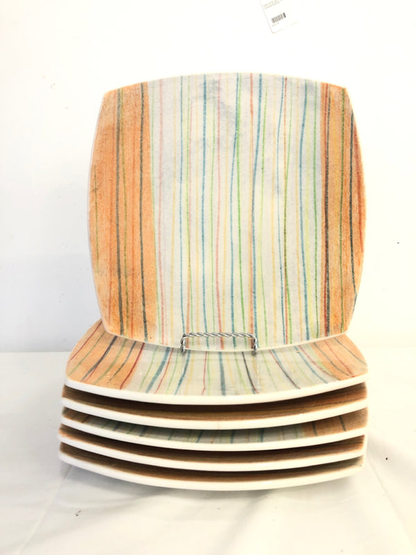 6 SQUARE STRIPE DINNER PLATES.