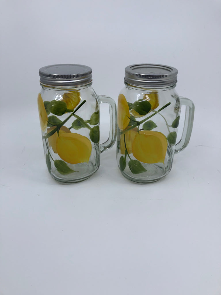 2 LEMON MASON JAR GLASSES WITH LIDS
