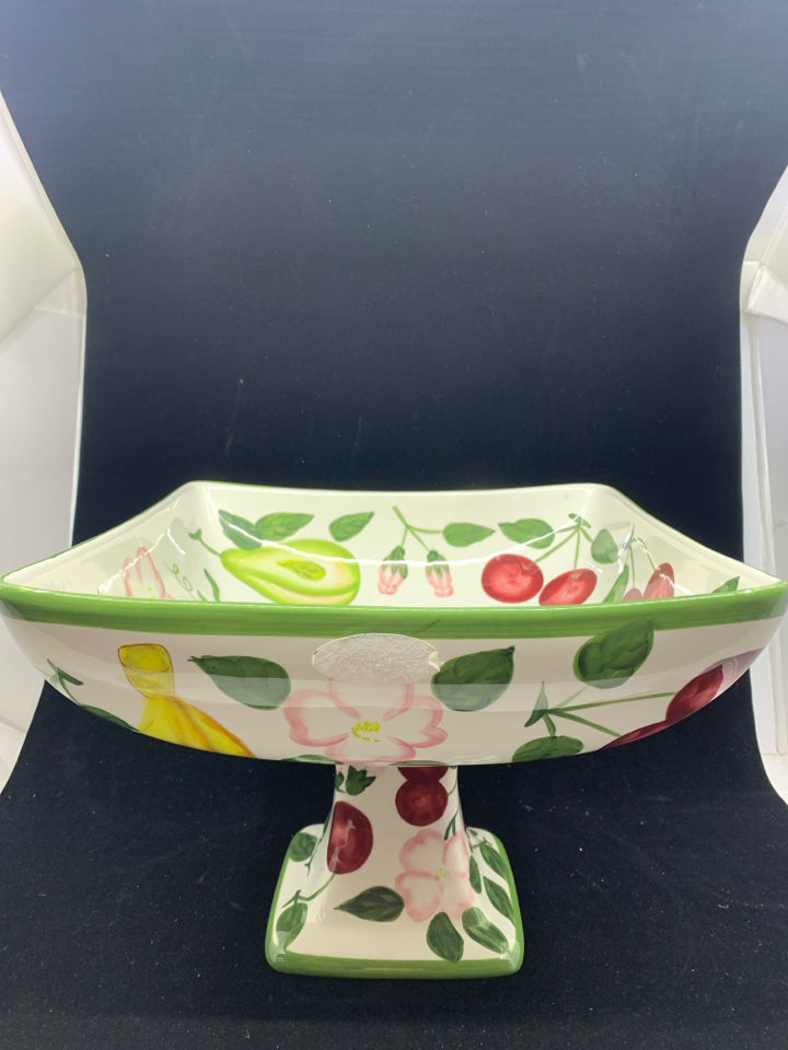 LARGE CERAMIC FOOTED SQUARE SERVING BOWL ASSORTED FRUIT DESIGN.