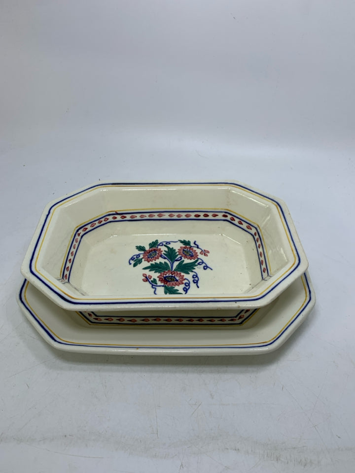 VTG 2 PC GEOMETRIC SHAPED SERVING BOWL W/ UNDER PLATE FLOWERS IN CENTER GEORGE J