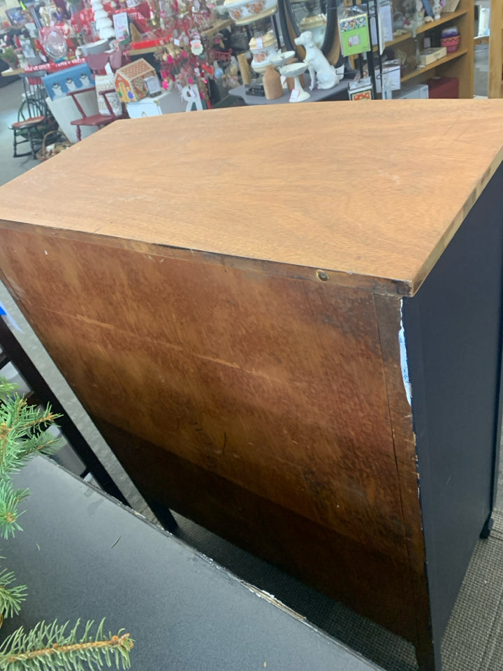 DARK BLUE DRESSER W/WOOD TOP 4 DRAWERS.