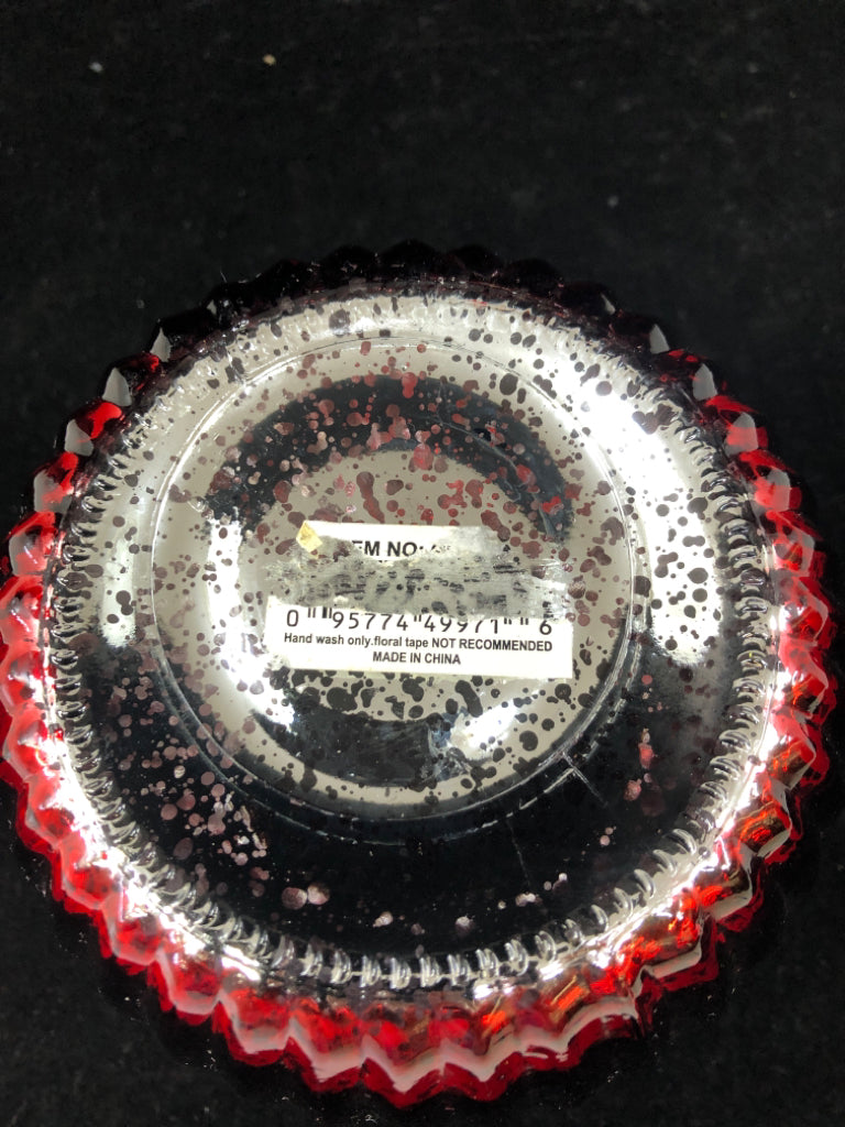 RED MERCURY GLASS CANDLE HOLDER.
