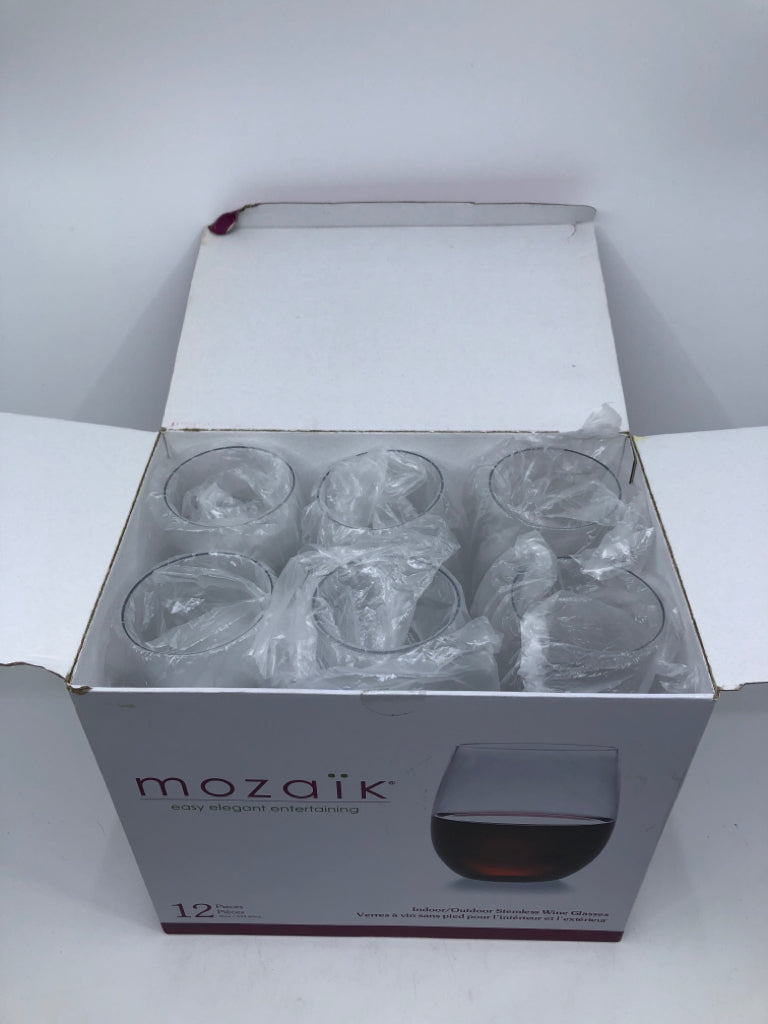 NIB MOZAIK 12 PC STEMLESS WINE GLASS SET.