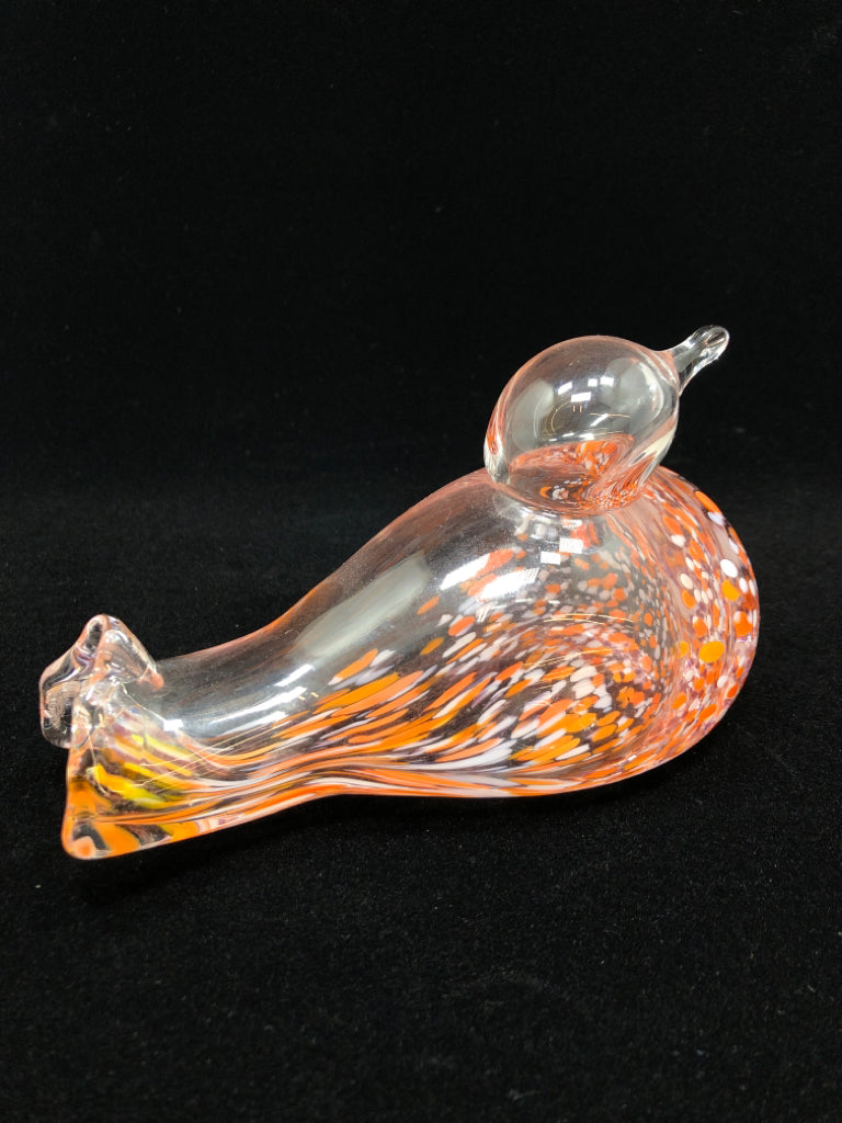 BLOWN CLEAR GLASS BIRD W/WHITE/ORANGE SPECKLES.