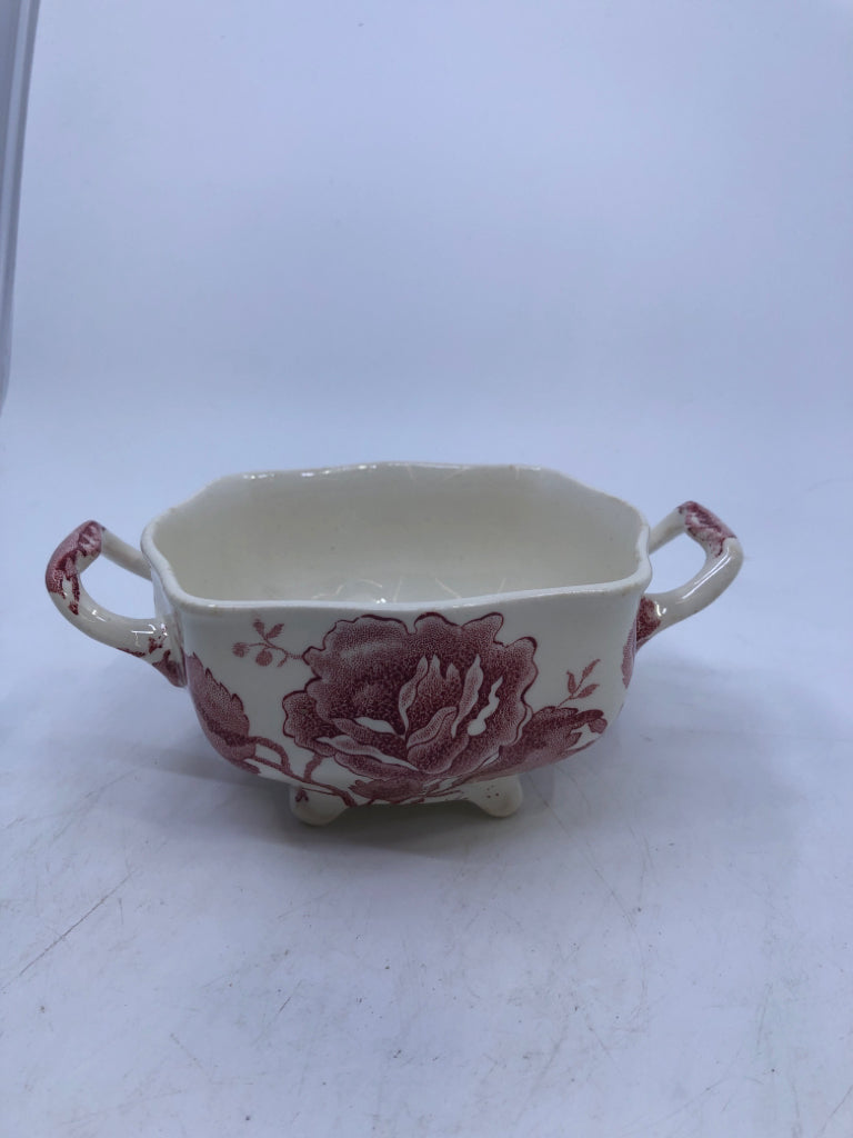 RED ROSE SMALL CERAMIC DISH W/HANDLES.