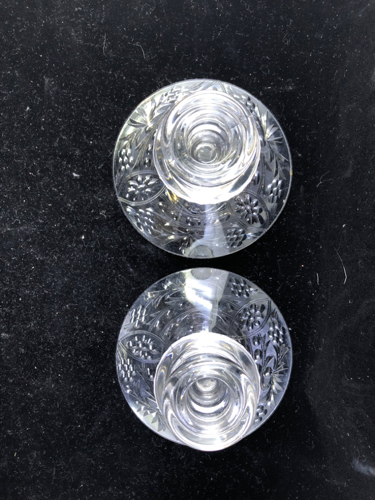 2 VTG GLASS CANDLE HOLDERS W FLOWER DESIGN.