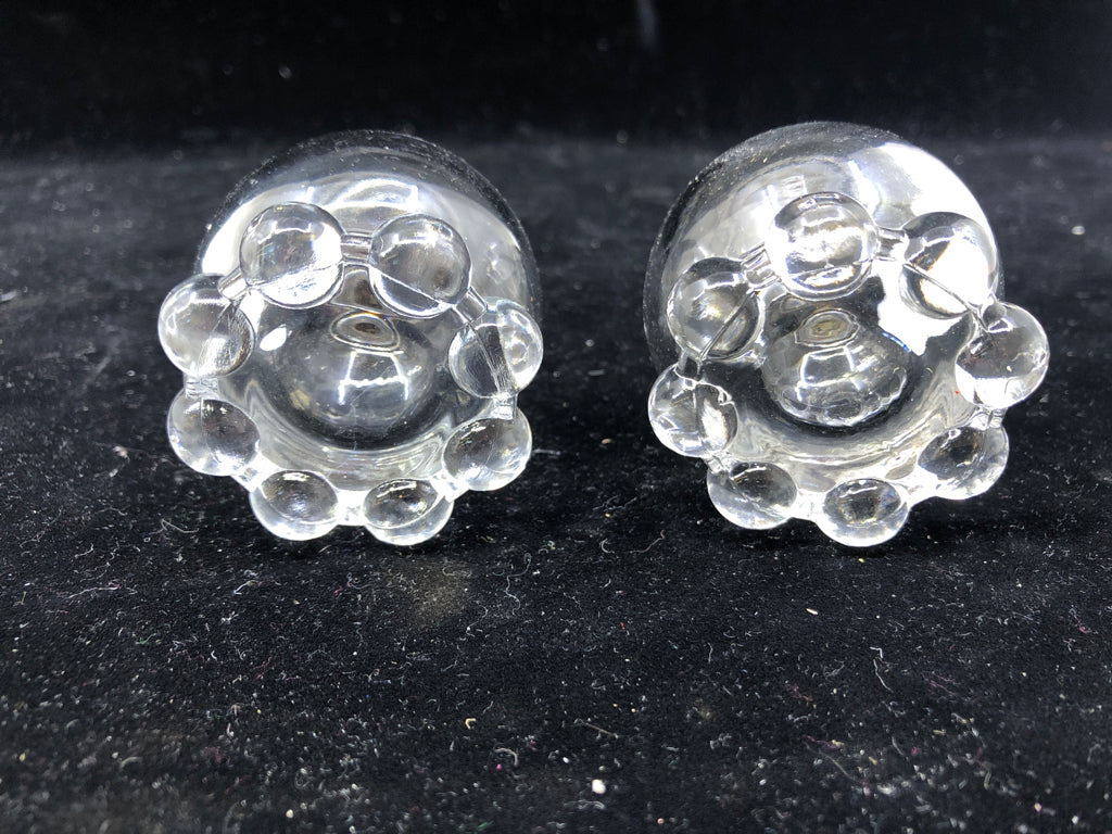 VTG ROUND GLASS SALT AND PEPPER SHAKERS.