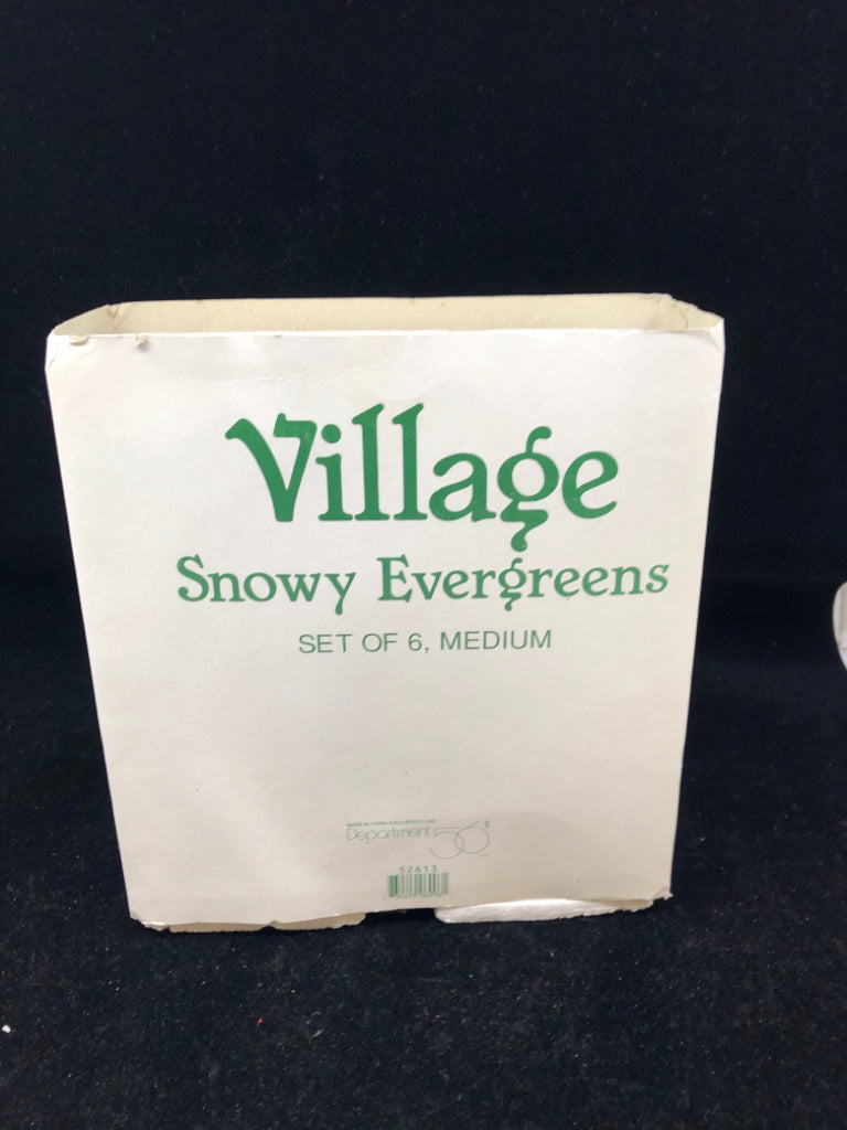 6 PC CERAMIC SNOWY EVERGREEN TREES - DEPT 56 IN BOX.