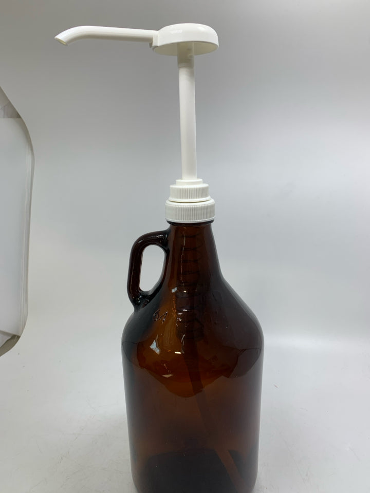 DARK BROWN GLASS 64 OZ JUG W/ PLASTIC PUMP.