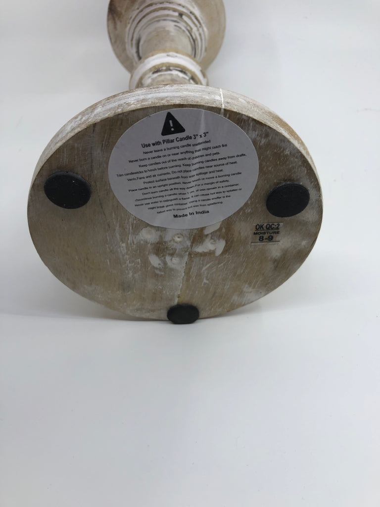 DISTRESSED WHITE WOOD PILLAR CANDLE.