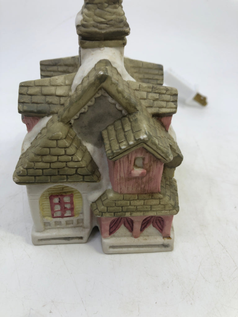 CERAMIC VILLAGE HOME WHITE HOUSE W/ PINK DOOR & SHUTTERS.