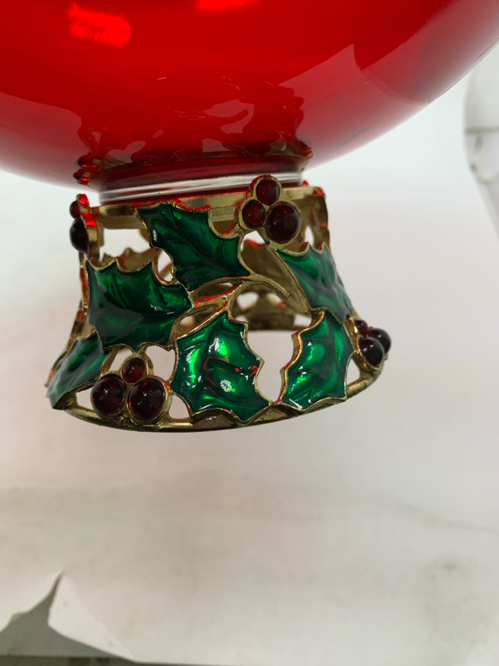 TELEFLORA RED GLASS PEDESTAL BOWL W/ ENAMELED HOLLY BERRY.