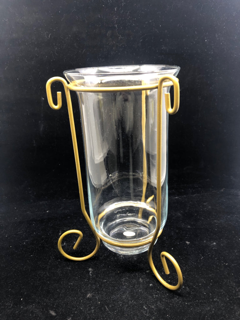 GOLD METAL CANDLE HOLDER W/ GLASS.