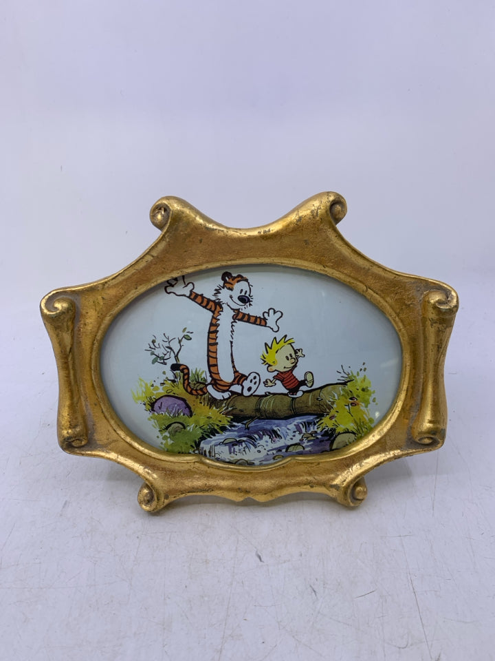 OVAL W/ GOLD FRAME TIGER AND KID WALKING ON LOG.