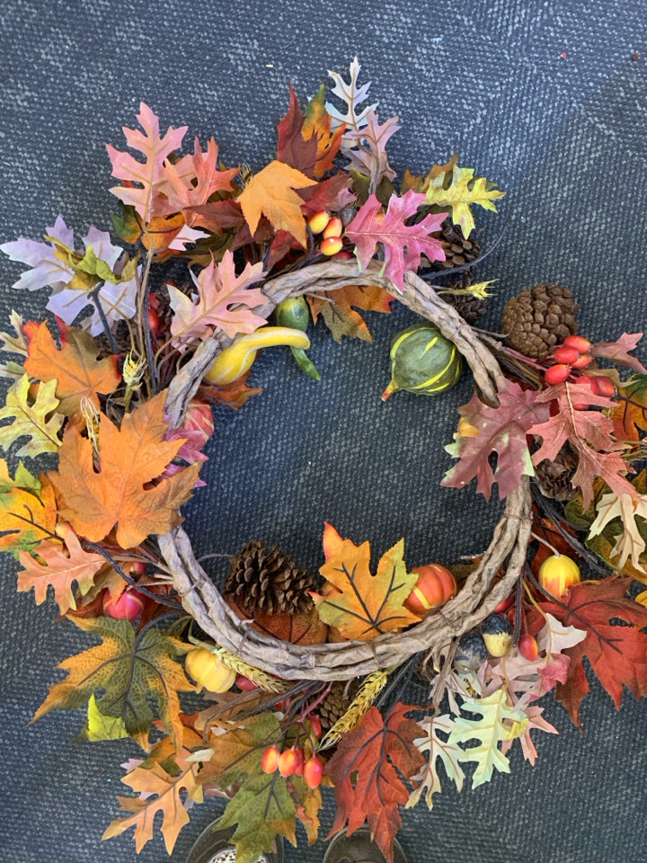 FALL WREATH W GOURDS, LEAVES, AND PINECONES.