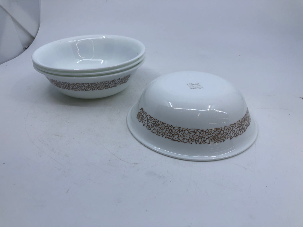 4 BROWN FLORAL PATTERN CORELLE BOWLS.