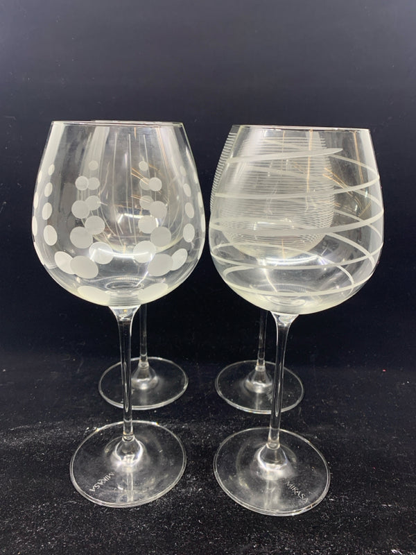 4 ETCHED DOTS & STRIPES WINE GLASSES.