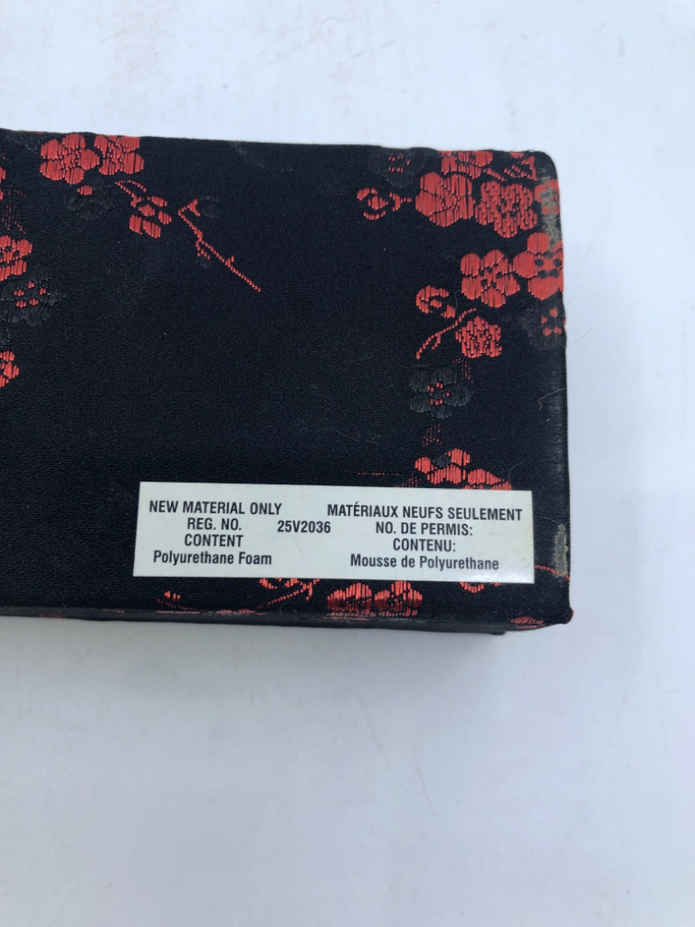 SMALL ASIAN STYLE BLACK W/ RED BLOSSOMS SILK JEWELRY BOX.