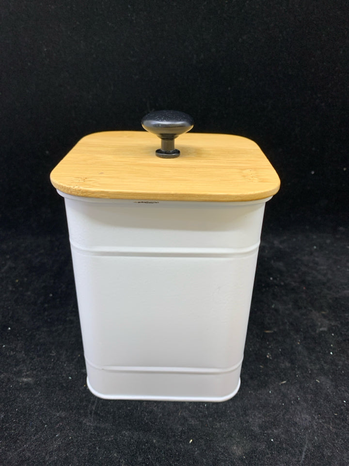 METAL CANISTER W/ BLONDE WOOD LID.