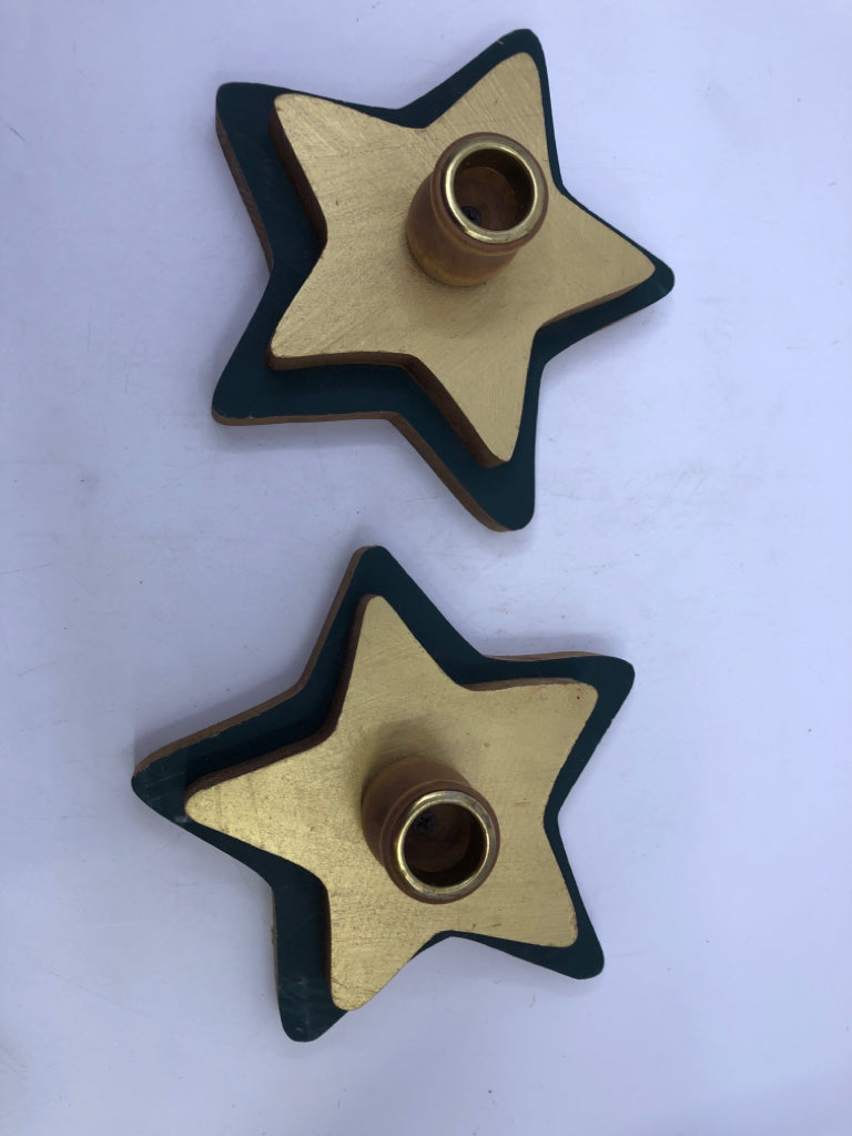 2 GOLD/GREEN STAR TAPER CANDLE HOLDERS.