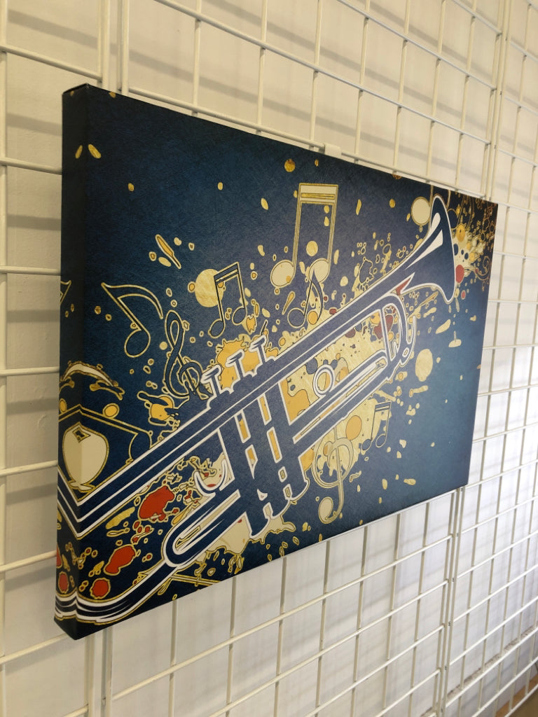 BLUE CANVAS W/ MUSIC NOTES & TRUMPET.