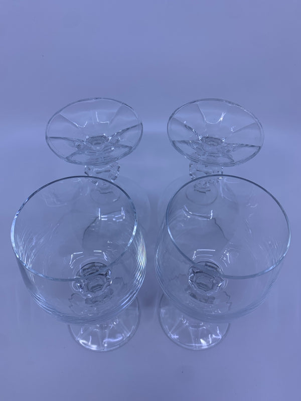 4 SHORT STEMMED WINE GLASSES.