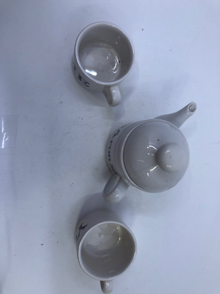 3PC BLACK AND WHITE TEA FOR 2 SET - 1 TEA POT, 2 MUGS.