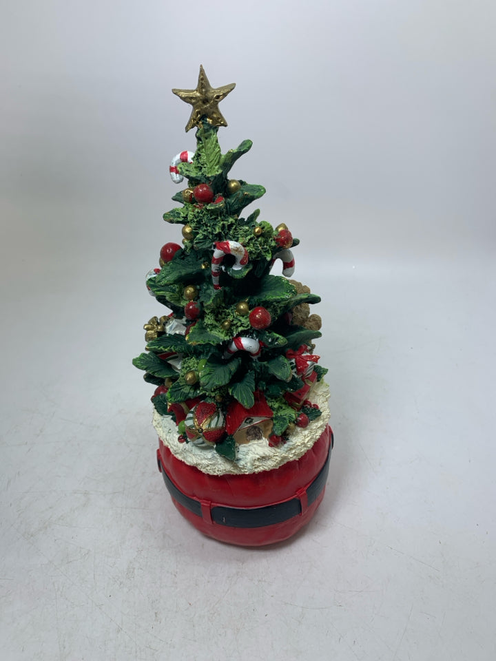 RESIN SANTA SUIT BASE W/ DECORATED CHRISTMAS TREE.